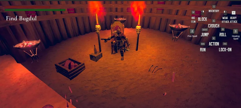 An orc warlord on a throne between skull torches
