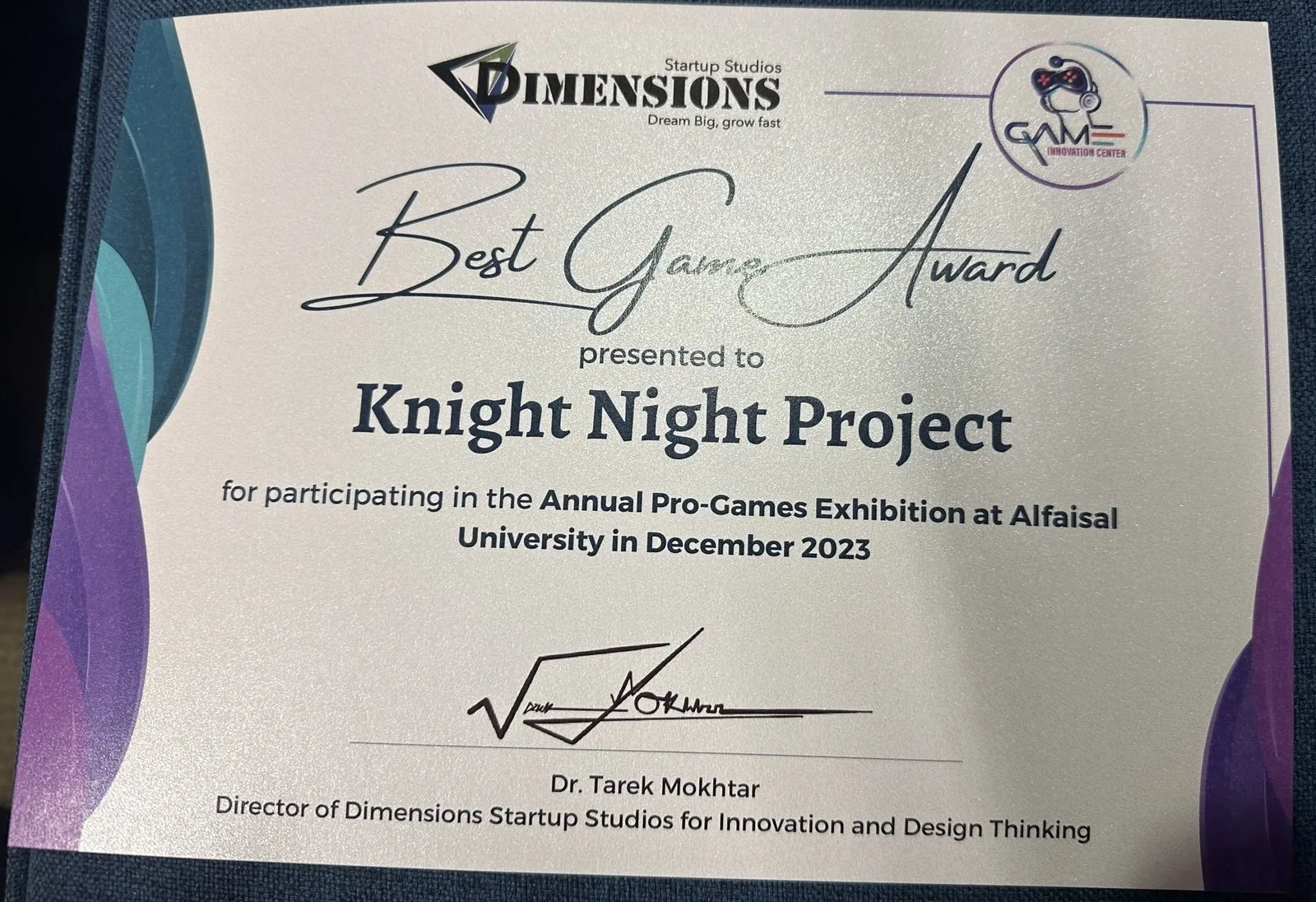 Best Game Award certificate presented to the Knight Night project