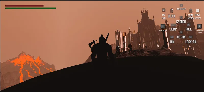 The knight on a dune above a lava field, castle on the horizon