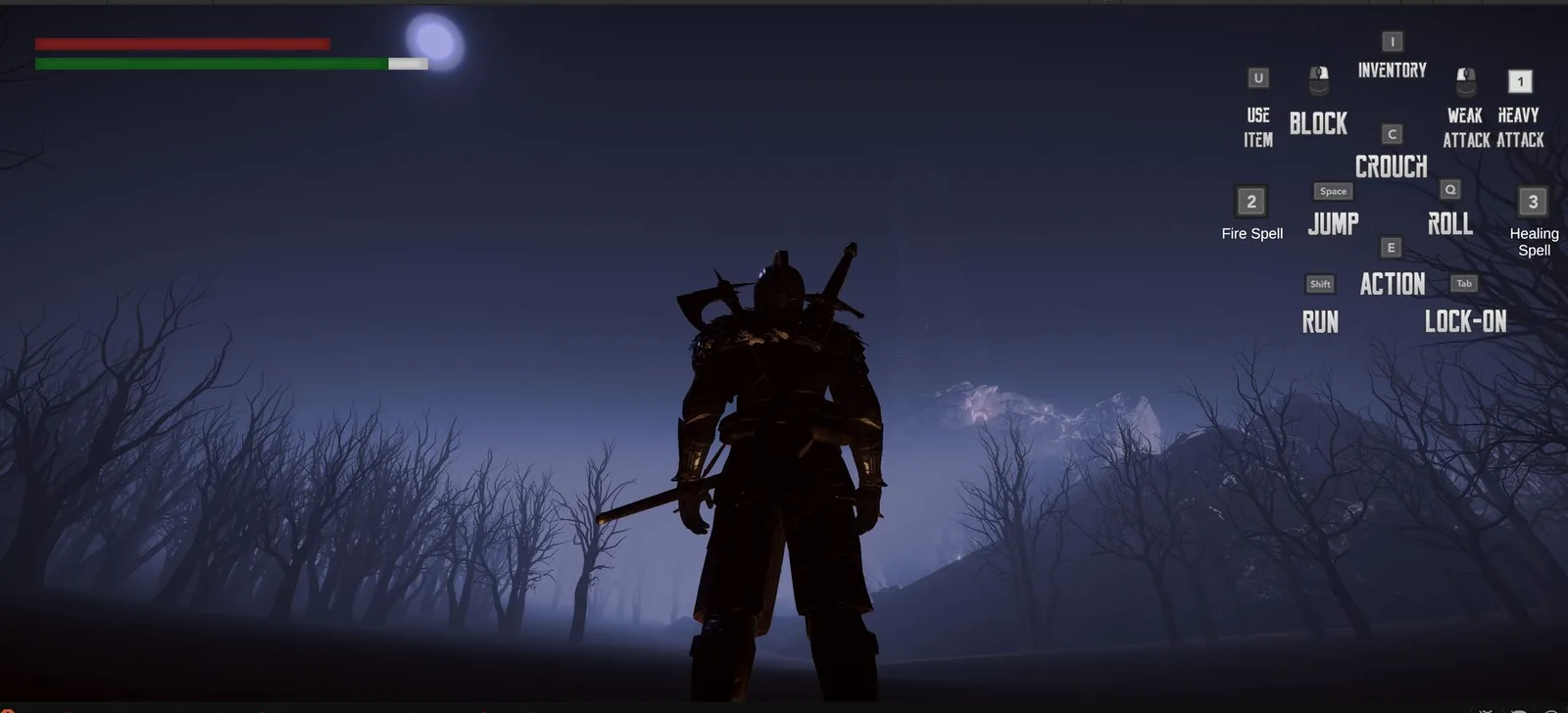 The knight in a misty forest of bare trees