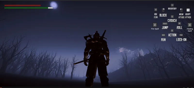 The knight in a misty forest of bare trees