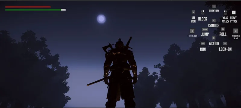 The knight under a full moon between dark trees
