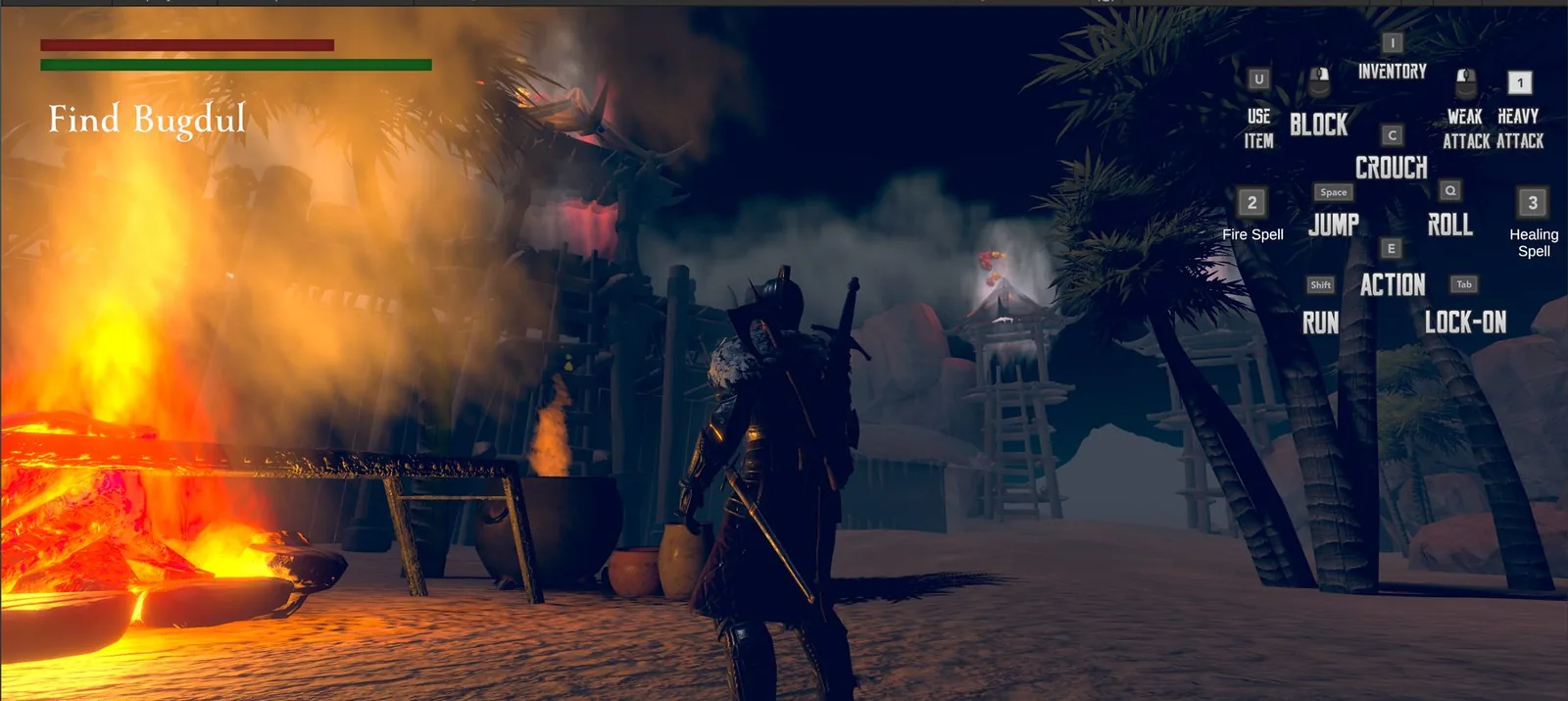 A burning fire pit in a desert camp