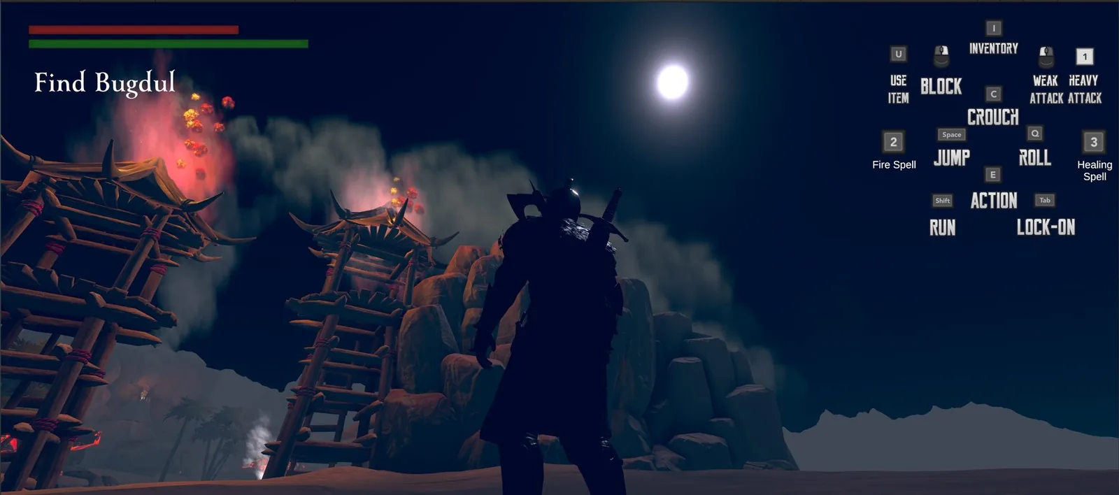 Burning watchtowers under a bright moon
