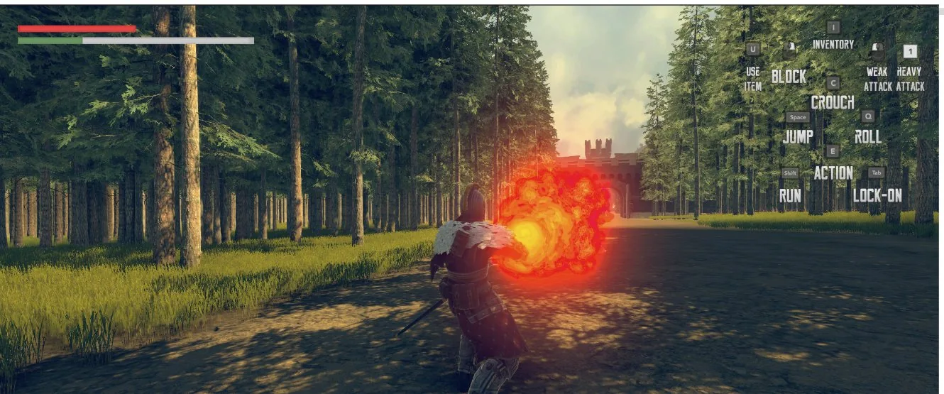 Casting a fire spell on the forest road toward the castle gate