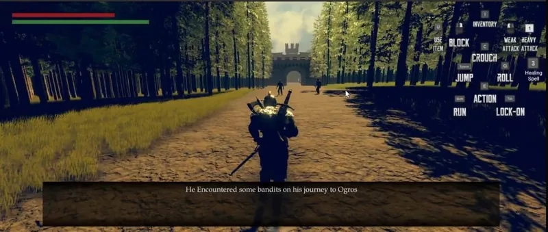 A narration line over the forest road