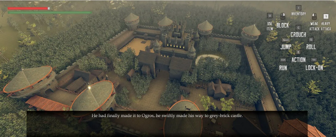 Narration over an aerial view of the walled town of Ogros: He had finally made it to Ogros