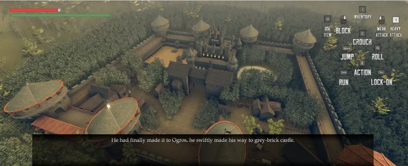 Aerial view of the walled town of Ogros with a narration line