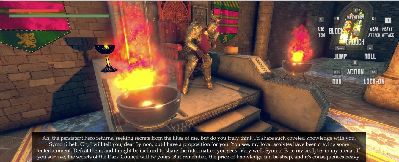 A lord on his throne addresses the hero in a subtitled in-game scene