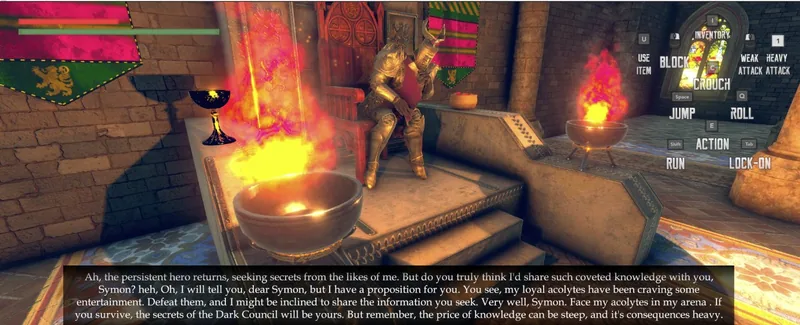 A lord on his throne addresses the hero in a subtitled scene