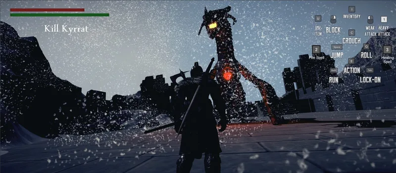 A dragon looming over the knight in falling snow