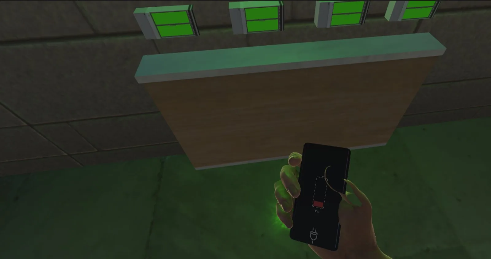 First-person view of a phone with a low battery beside a charging station