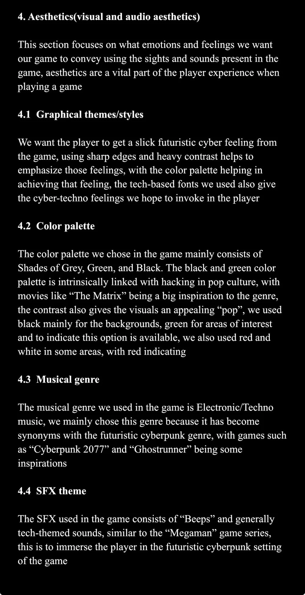 Excerpt from the MASTERM1ND design document: the Aesthetics section covering graphical style, colour palette, music genre and sound effects