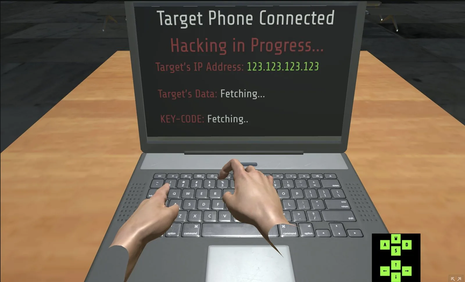 First-person view of hands on a laptop showing Target Phone Connected, Hacking in Progress
