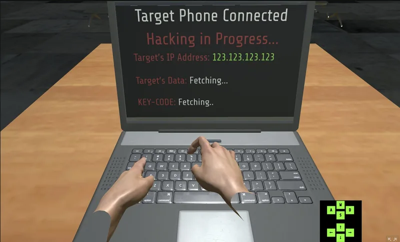 Hands on a laptop showing Hacking in Progress