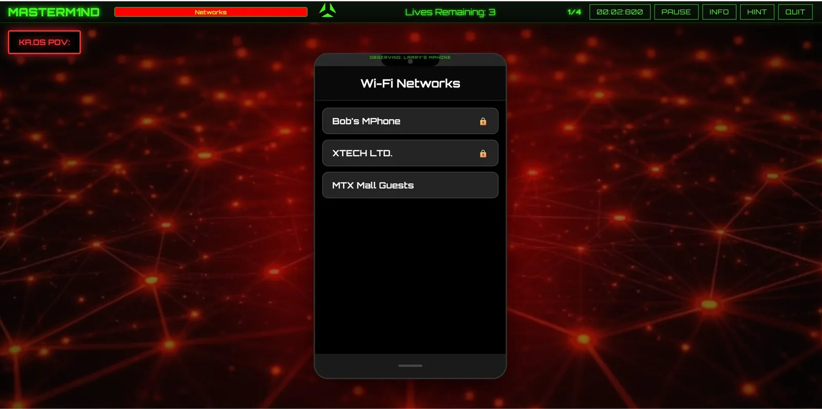 Unsecured networks level: a phone listing Wi-Fi networks, seen from the KA.OS point of view