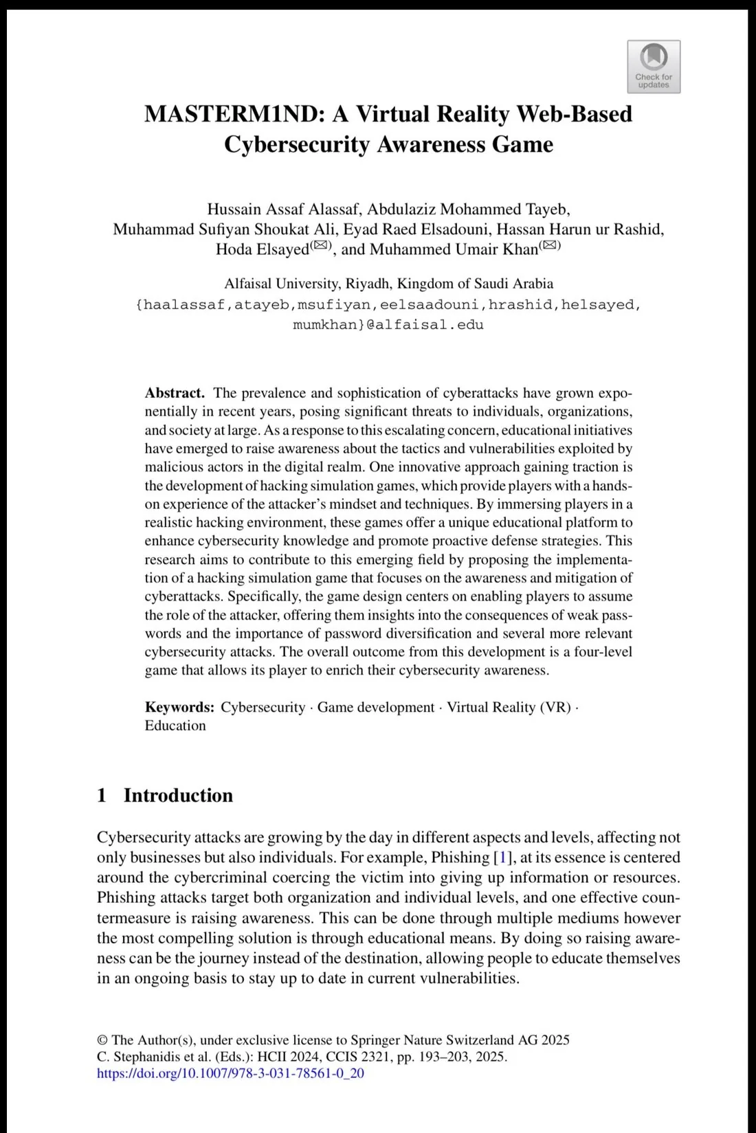 First page of the published paper: MASTERM1ND, A Virtual Reality Web-Based Cybersecurity Awareness Game