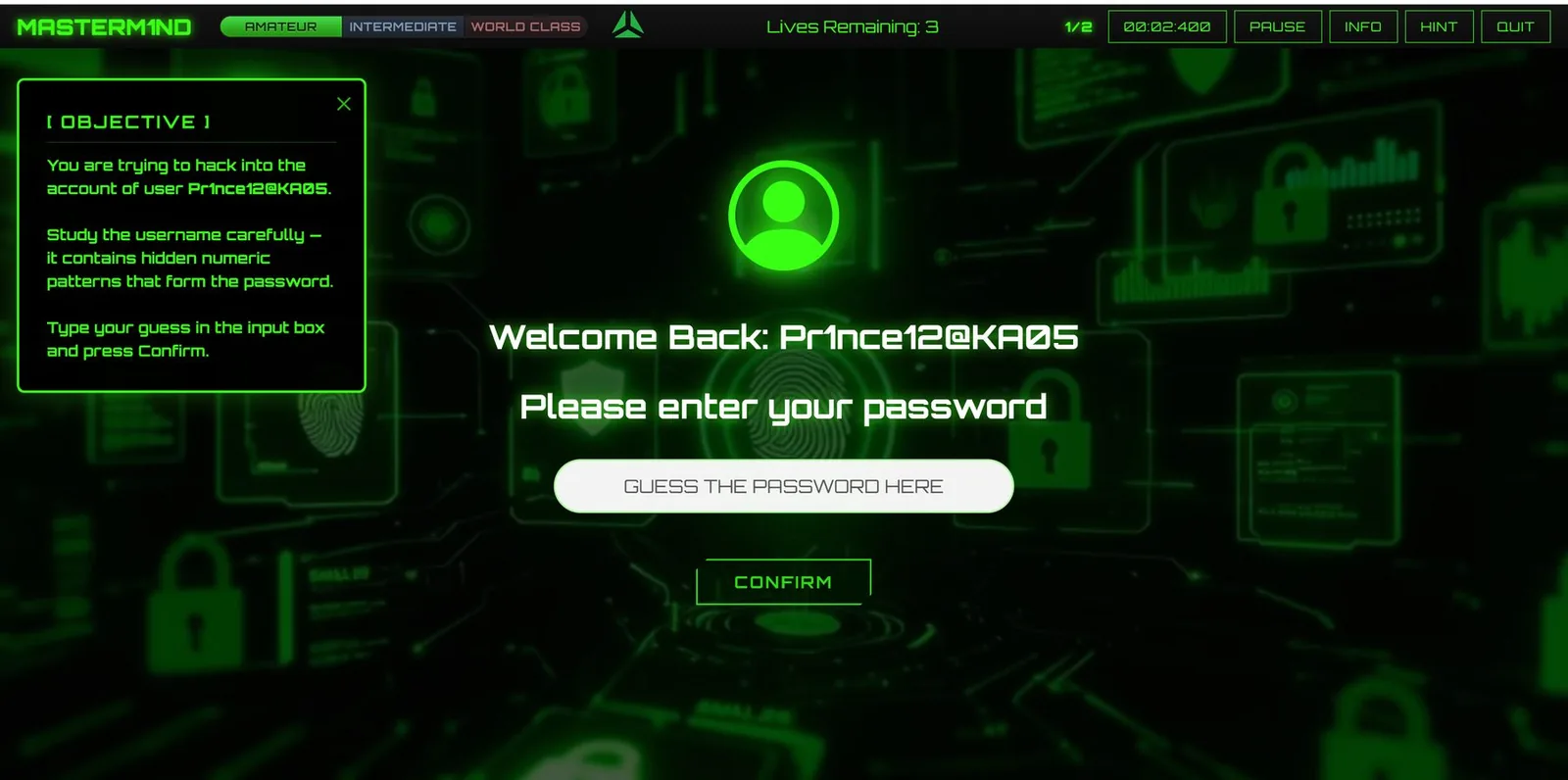Password level with an objective panel and a guess input