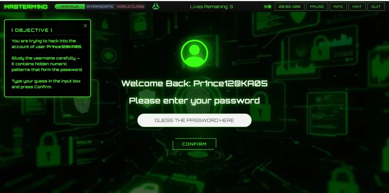 Password level with an objective panel and a guess input