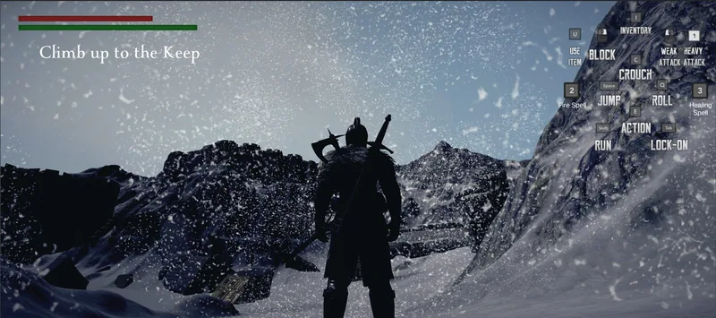 The knight climbing a snowy mountain with ruins ahead