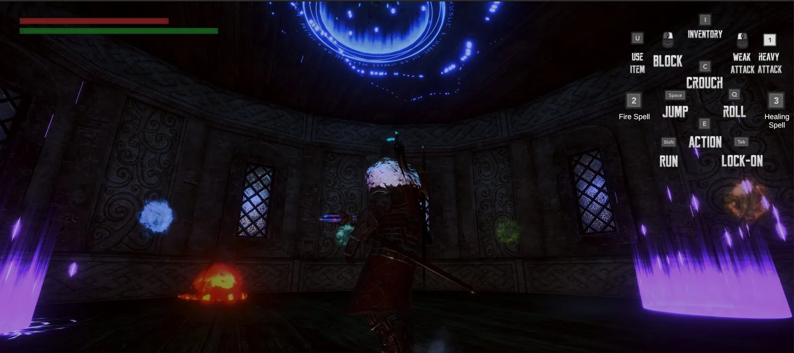 A circular chamber with glowing runes and elemental orbs