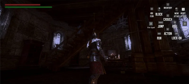 A candlelit tower interior with a wooden staircase